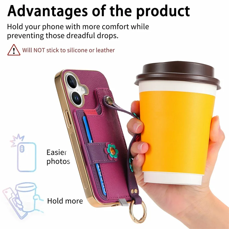 Für iPhone 16 Hülle Kartenfach Leder Rückseite 3D Blume Armband - Lila