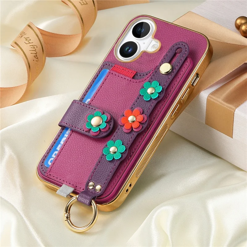 Für iPhone 16 Hülle Kartenfach Leder Rückseite 3D Blume Armband - Lila