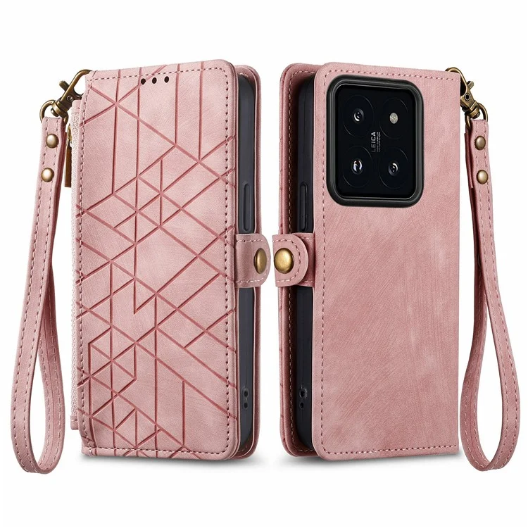 Für Xiaomi 14T Hülle Reißverschlusstasche Geometrische Linien Lederhülle - Pink