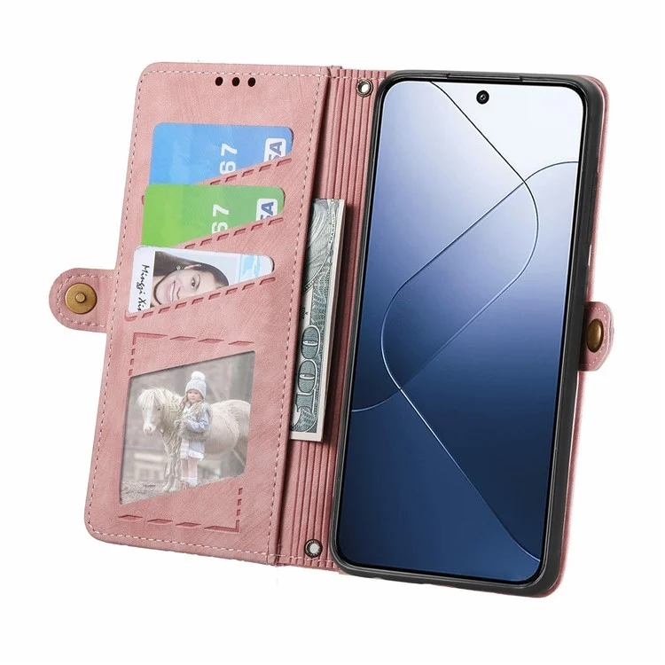 Für Xiaomi 14T Hülle Reißverschlusstasche Geometrische Linien Lederhülle - Pink