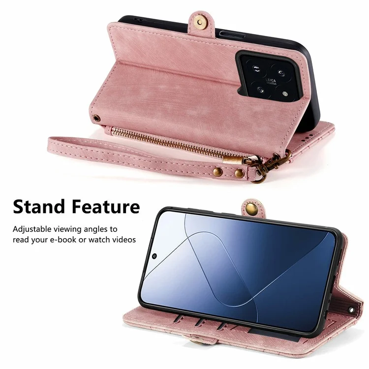Für Xiaomi 14T Hülle Reißverschlusstasche Geometrische Linien Lederhülle - Pink