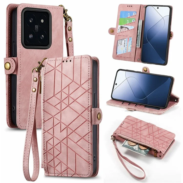 Für Xiaomi 14T Hülle Reißverschlusstasche Geometrische Linien Lederhülle - Pink