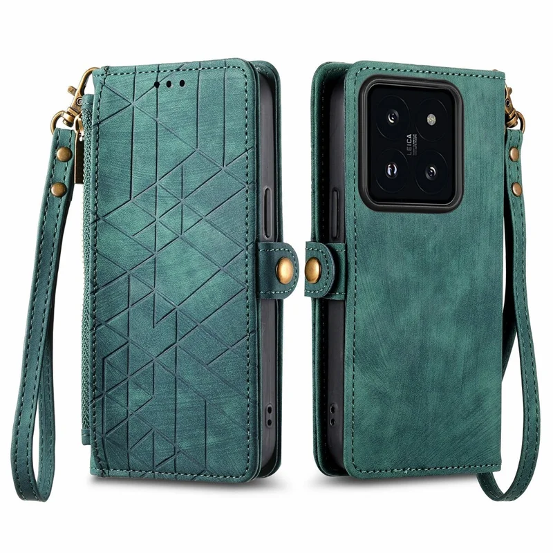 For Xiaomi 14T Case Zipper Wallet Geometry Lines Leather Phone Cover - Green