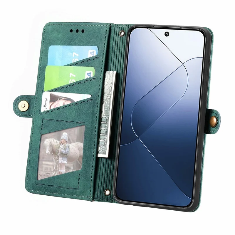 For Xiaomi 14T Case Zipper Wallet Geometry Lines Leather Phone Cover - Green