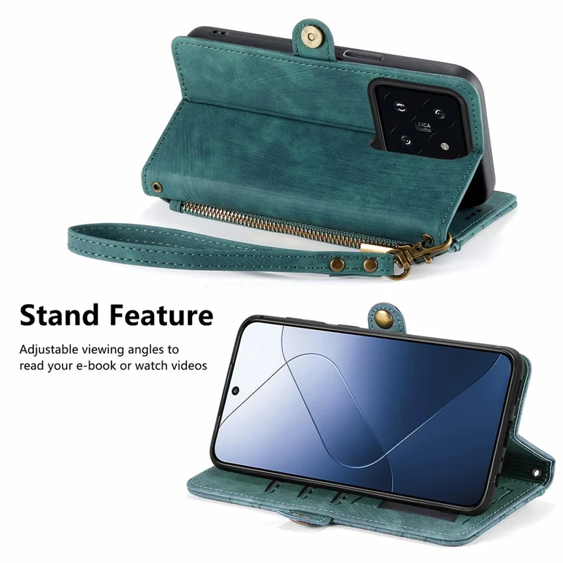 For Xiaomi 14T Case Zipper Wallet Geometry Lines Leather Phone Cover - Green