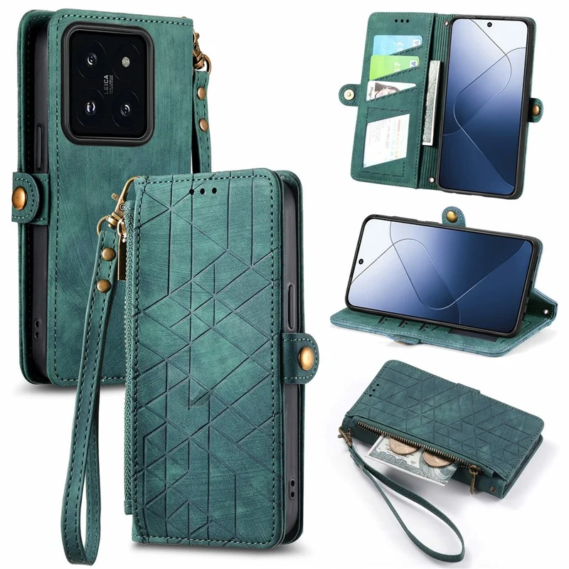 For Xiaomi 14T Case Zipper Wallet Geometry Lines Leather Phone Cover - Green