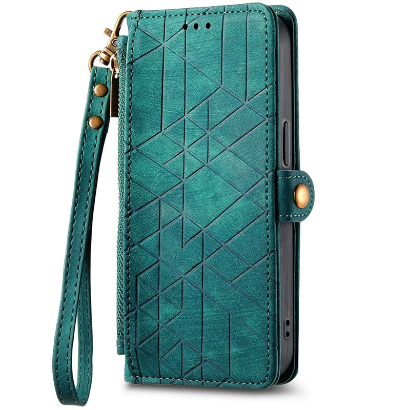 For Xiaomi 14T Case Zipper Wallet Geometry Lines Leather Phone Cover - Green