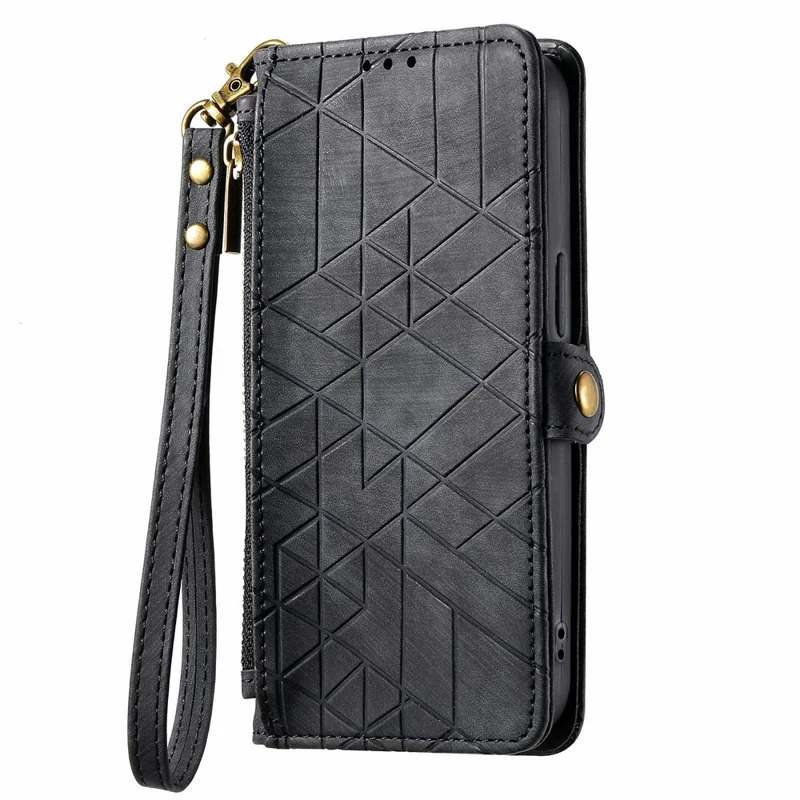 Capa carteira com zíper e linhas geométricas para Samsung Galaxy S24 FE - Preta