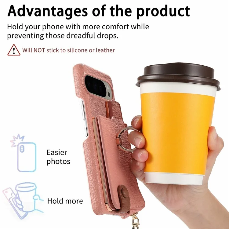 For Google Pixel 9 Pro XL Case Card Holder Kickstand Leather+TPU Phone Cover with Zipper Pocket - Pink