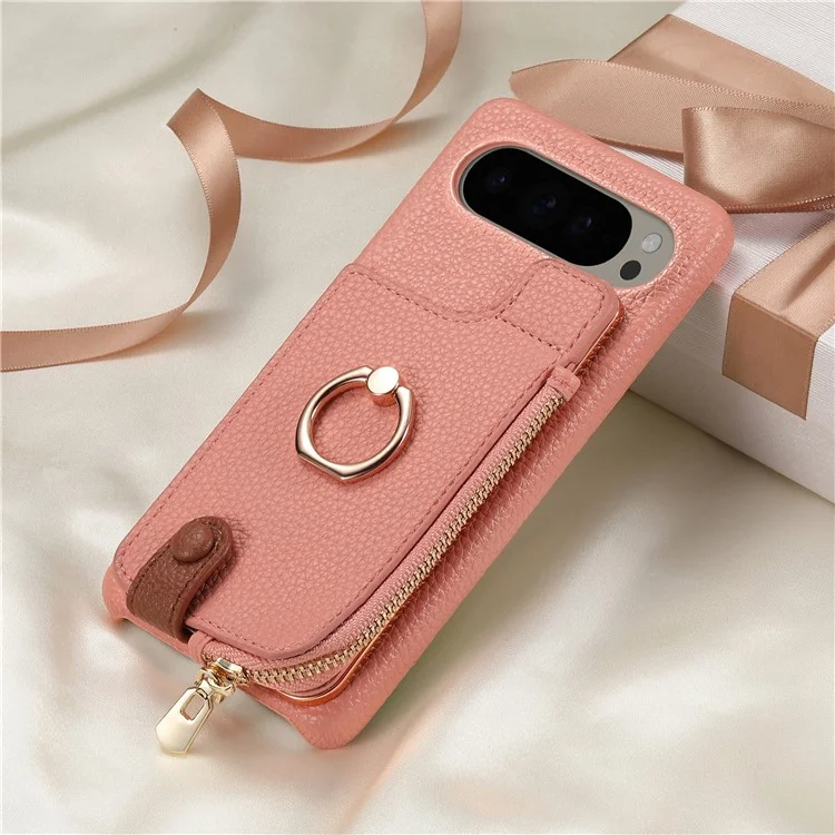 For Google Pixel 9 Pro XL Case Card Holder Kickstand Leather+TPU Phone Cover with Zipper Pocket - Pink