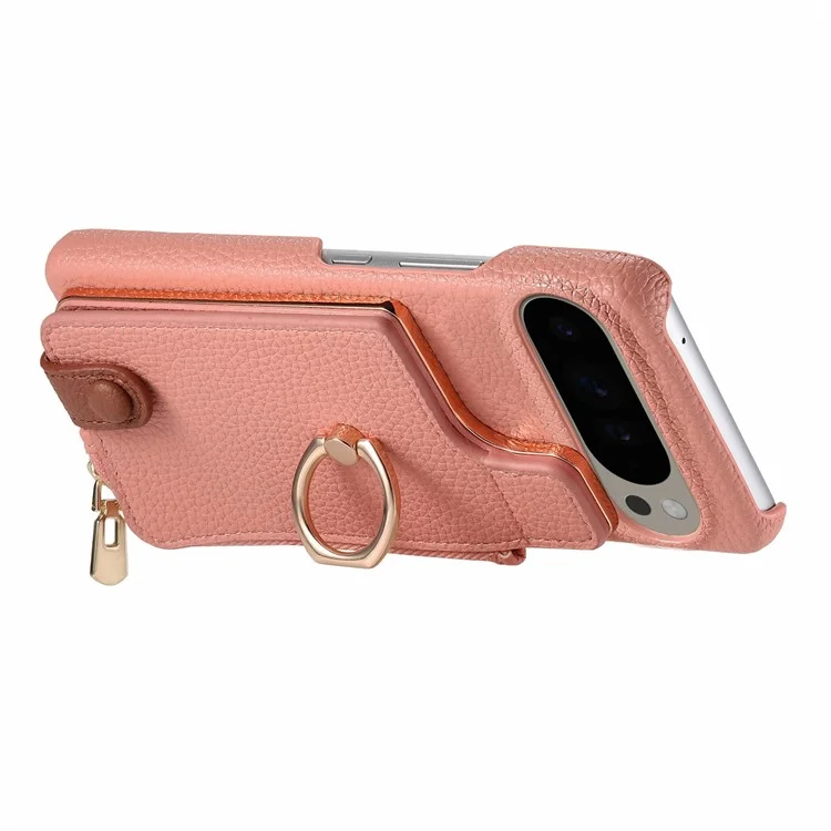 For Google Pixel 9 Pro XL Case Card Holder Kickstand Leather+TPU Phone Cover with Zipper Pocket - Pink