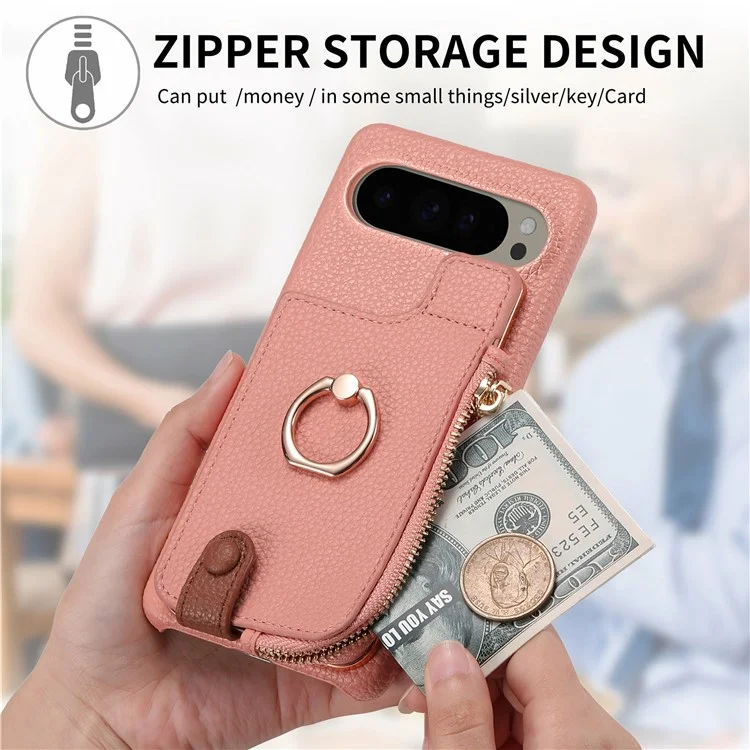 For Google Pixel 9 Pro XL Case Card Holder Kickstand Leather+TPU Phone Cover with Zipper Pocket - Pink