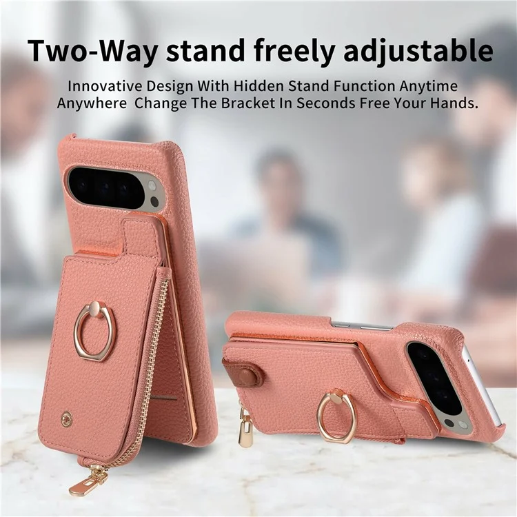 For Google Pixel 9 Pro XL Case Card Holder Kickstand Leather+TPU Phone Cover with Zipper Pocket - Pink