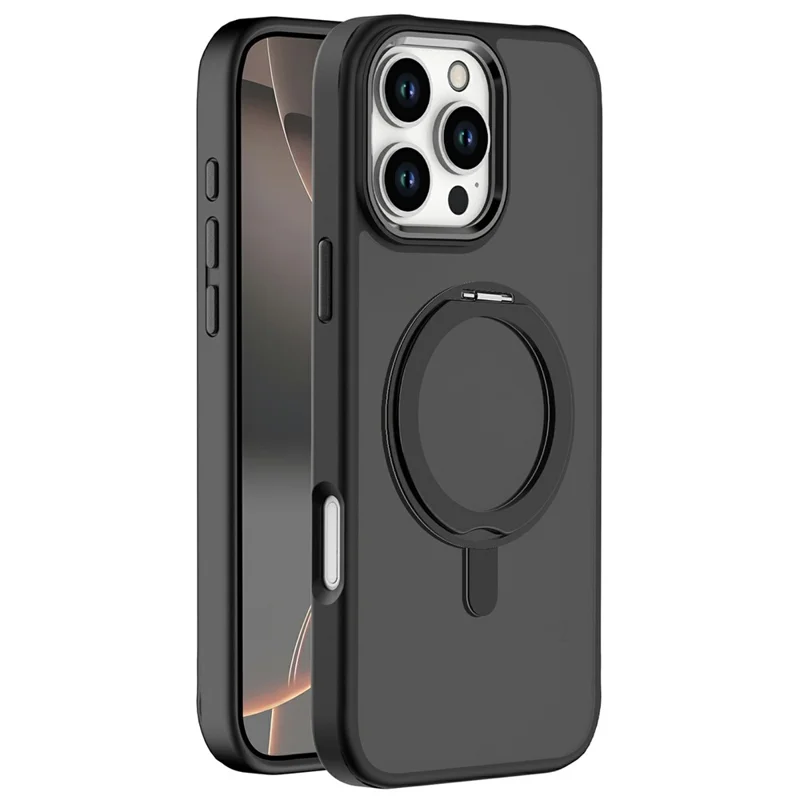 For iPhone 16 Pro Case Magnetic Kickstand TPU+PC Matte Back Phone Cover - Black