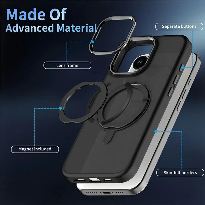 For iPhone 16 Pro Case Magnetic Kickstand TPU+PC Matte Back Phone Cover - Black