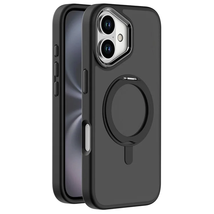Para iPhone 16 Case Magnetic Kickstand TPU+PC Matte Back Phone Cover - Black