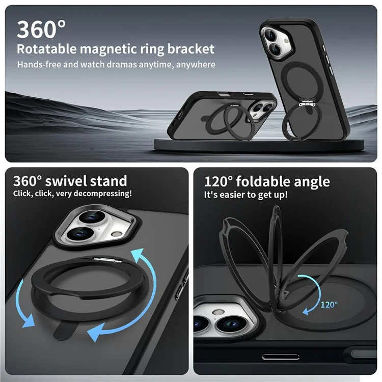 Para iPhone 16 Case Magnetic Kickstand TPU+PC Matte Back Phone Cover - Black