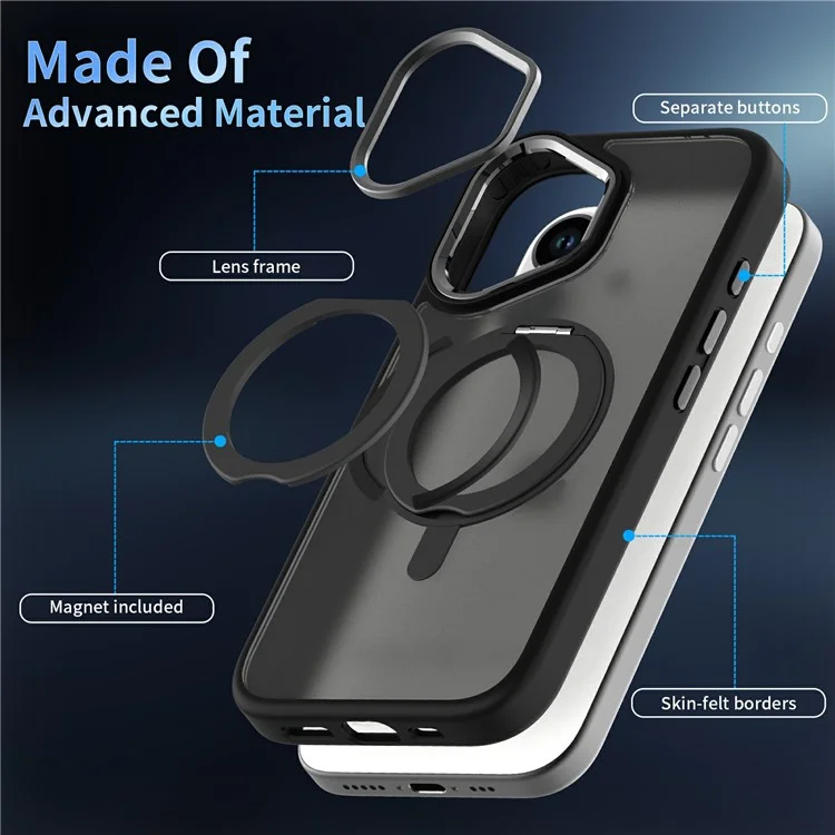 Para iPhone 16 Case Magnetic Kickstand TPU+PC Matte Back Phone Cover - Black