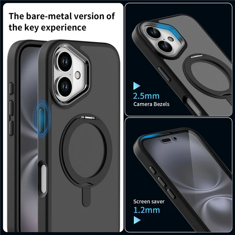 Para iPhone 16 Case Magnetic Kickstand TPU+PC Matte Back Phone Cover - Black