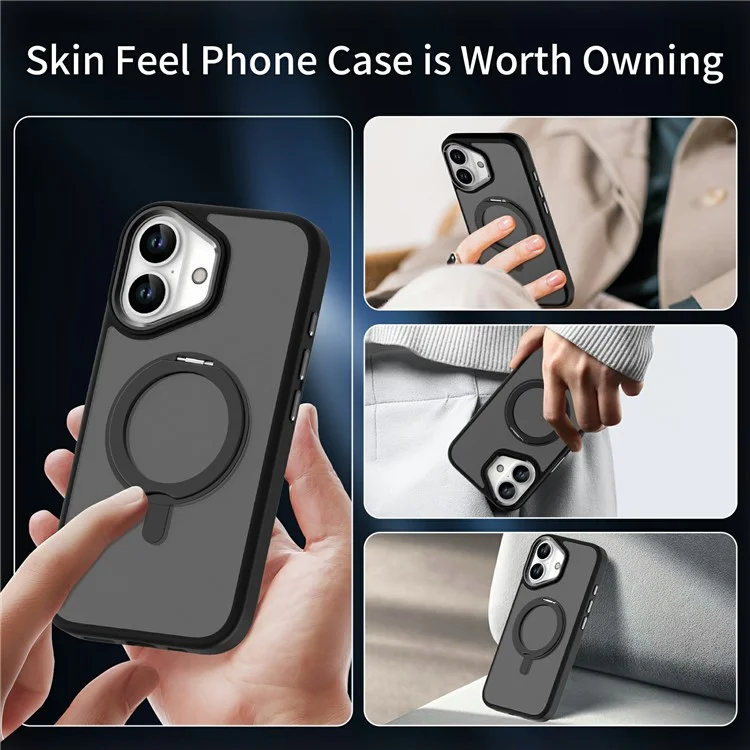 Para iPhone 16 Case Magnetic Kickstand TPU+PC Matte Back Phone Cover - Black