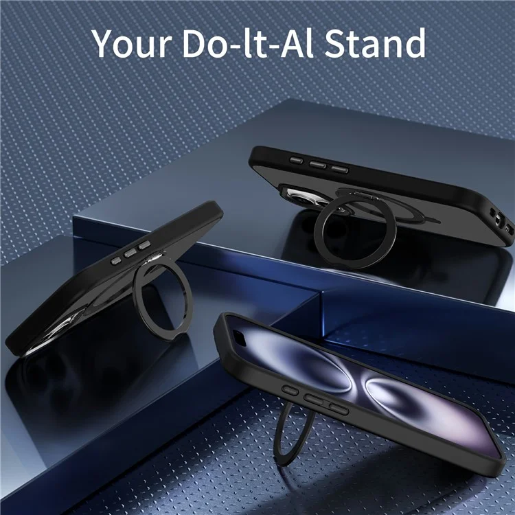 Para iPhone 16 Case Magnetic Kickstand TPU+PC Matte Back Phone Cover - Black