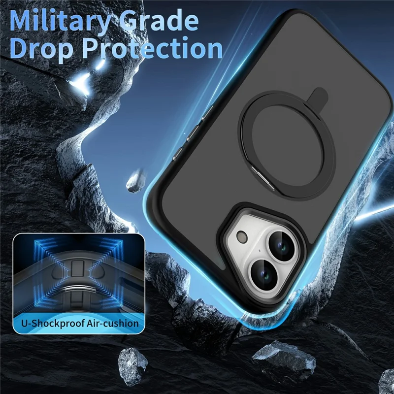 For iPhone 16 Plus Case Magnetic Kickstand TPU+PC Matte Back Phone Cover - Black