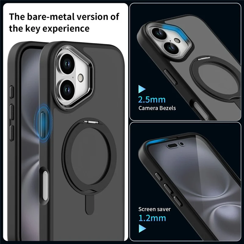 For iPhone 16 Plus Case Magnetic Kickstand TPU+PC Matte Back Phone Cover - Black