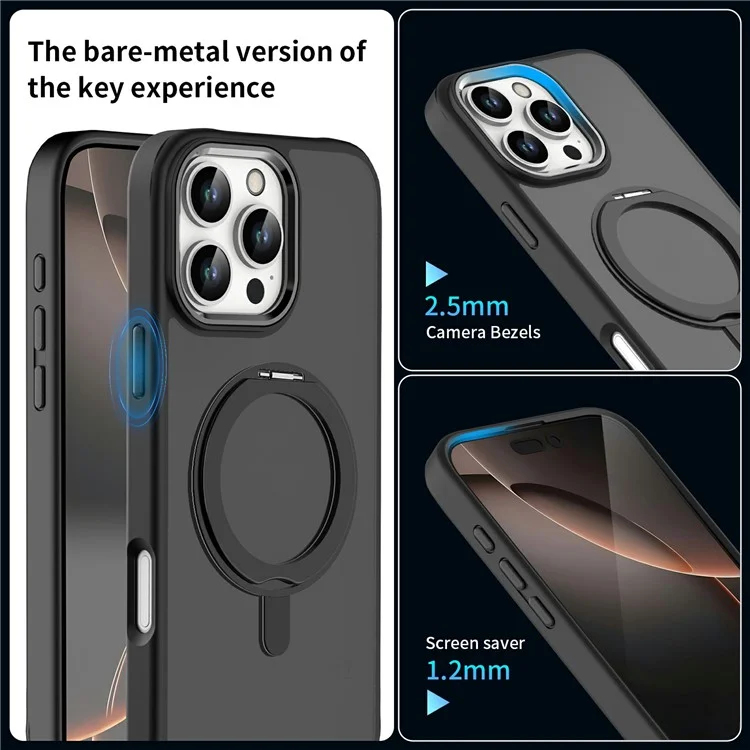 For iPhone 16 Pro Max Case Magnetic Kickstand TPU+PC Matte Back Phone Cover - Black
