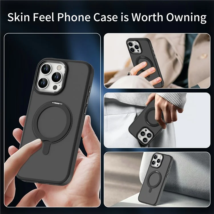 For iPhone 16 Pro Max Case Magnetic Kickstand TPU+PC Matte Back Phone Cover - Black