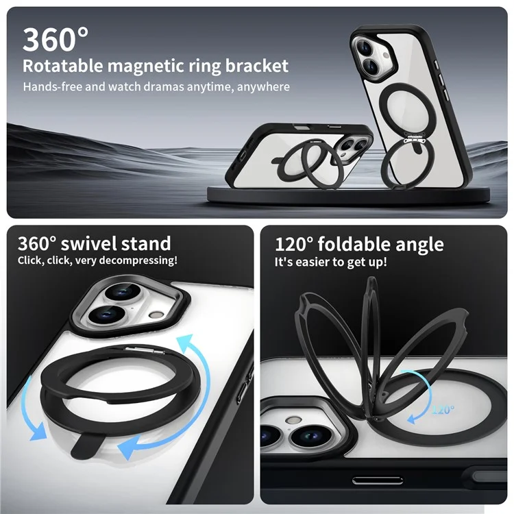 For iPhone 16 Plus Case Magnetic Kickstand TPU+PC Clear Phone Cover Drop Protection - Black