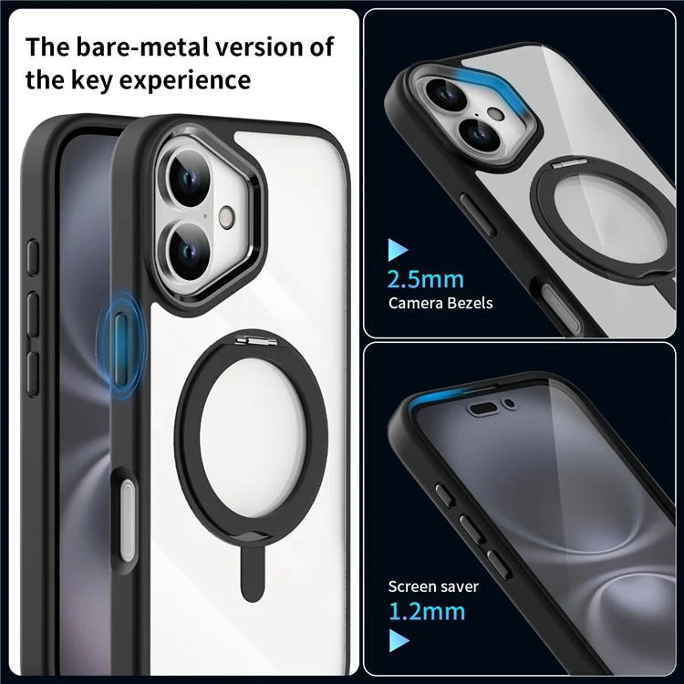 For iPhone 16 Plus Case Magnetic Kickstand TPU+PC Clear Phone Cover Drop Protection - Black