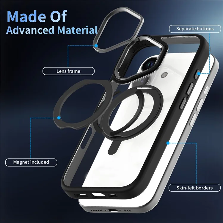 For iPhone 16 Plus Case Magnetic Kickstand TPU+PC Clear Phone Cover Drop Protection - Black