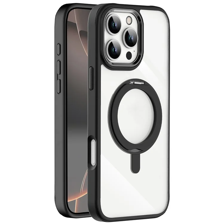 For iPhone 16 Pro Max Case Magnetic Kickstand TPU+PC Clear Phone Cover Drop Protection - Black
