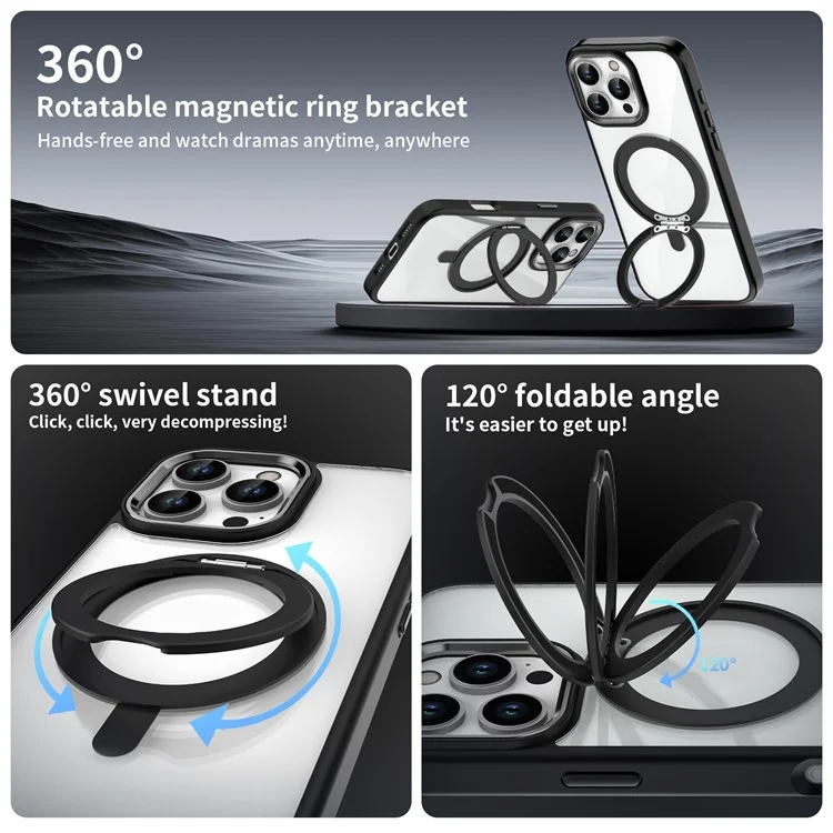 For iPhone 16 Pro Case Magnetic Kickstand TPU+PC Clear Phone Cover Drop Protection - Black