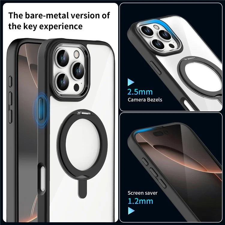 For iPhone 16 Pro Case Magnetic Kickstand TPU+PC Clear Phone Cover Drop Protection - Black