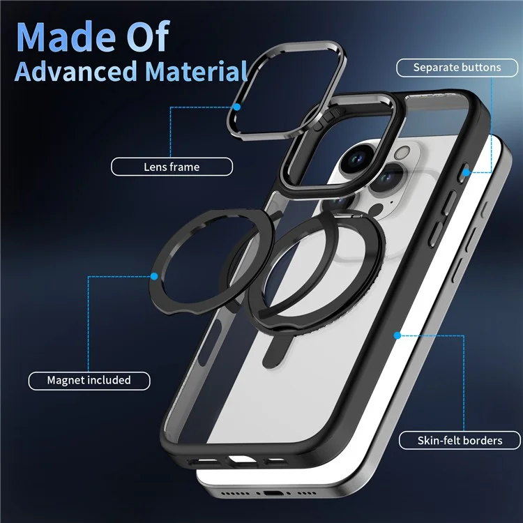 For iPhone 16 Pro Case Magnetic Kickstand TPU+PC Clear Phone Cover Drop Protection - Black