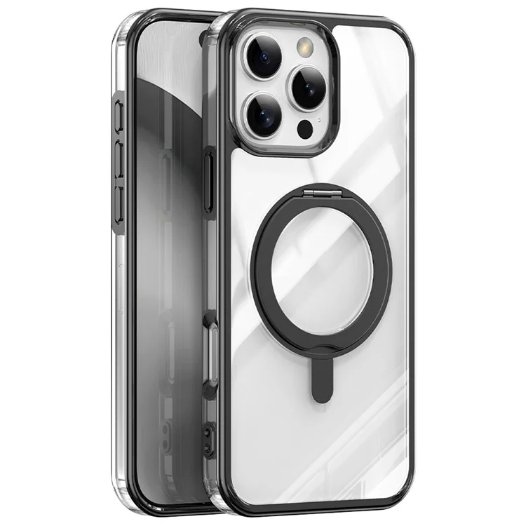 Für iPhone 16 Pro Case Rotatable Magnetic Kickstand TPU+PC Clear Phone Cover - Schwarz