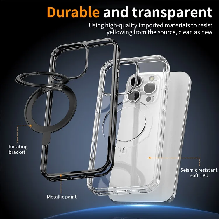 Für iPhone 16 Pro Case Rotatable Magnetic Kickstand TPU+PC Clear Phone Cover - Schwarz