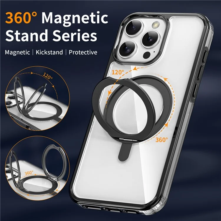 Für iPhone 16 Pro Case Rotatable Magnetic Kickstand TPU+PC Clear Phone Cover - Schwarz