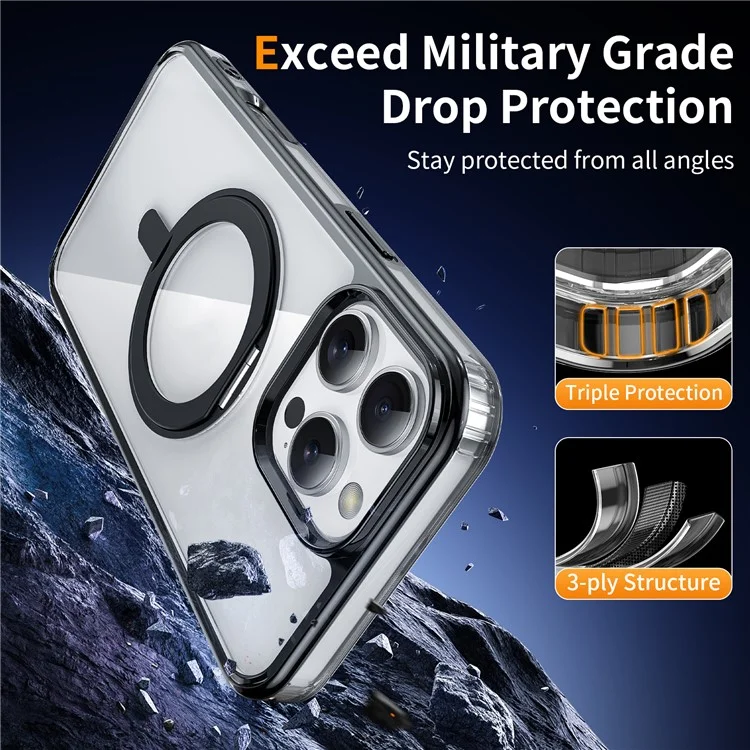 Für iPhone 16 Pro Case Rotatable Magnetic Kickstand TPU+PC Clear Phone Cover - Schwarz