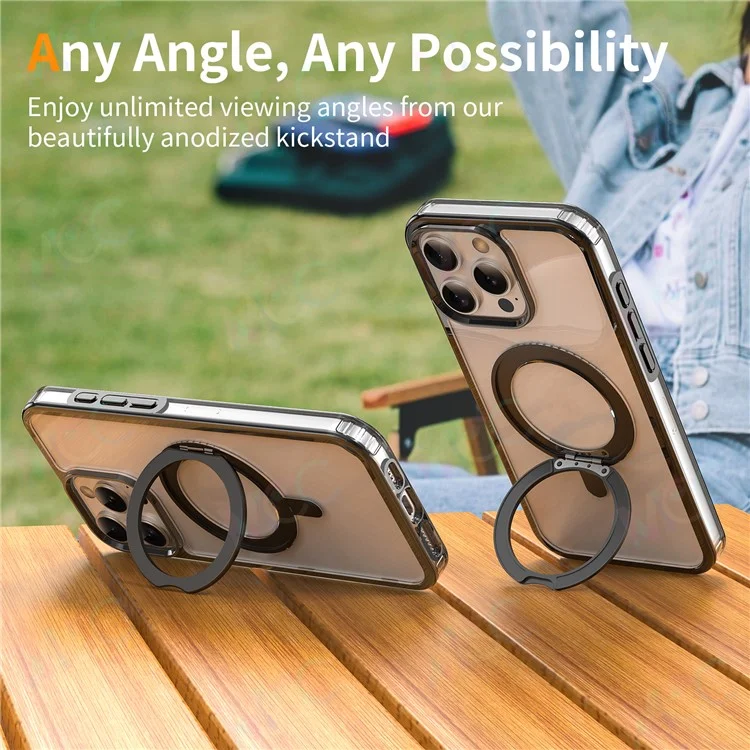 Für iPhone 16 Pro Case Rotatable Magnetic Kickstand TPU+PC Clear Phone Cover - Schwarz
