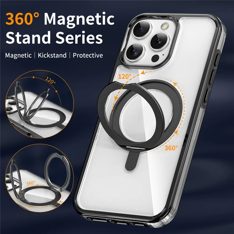 Für iPhone 16 Pro Max Hülle Rotierender magnetischer Ständer TPU+PC Klar Handyhülle - Schwarz