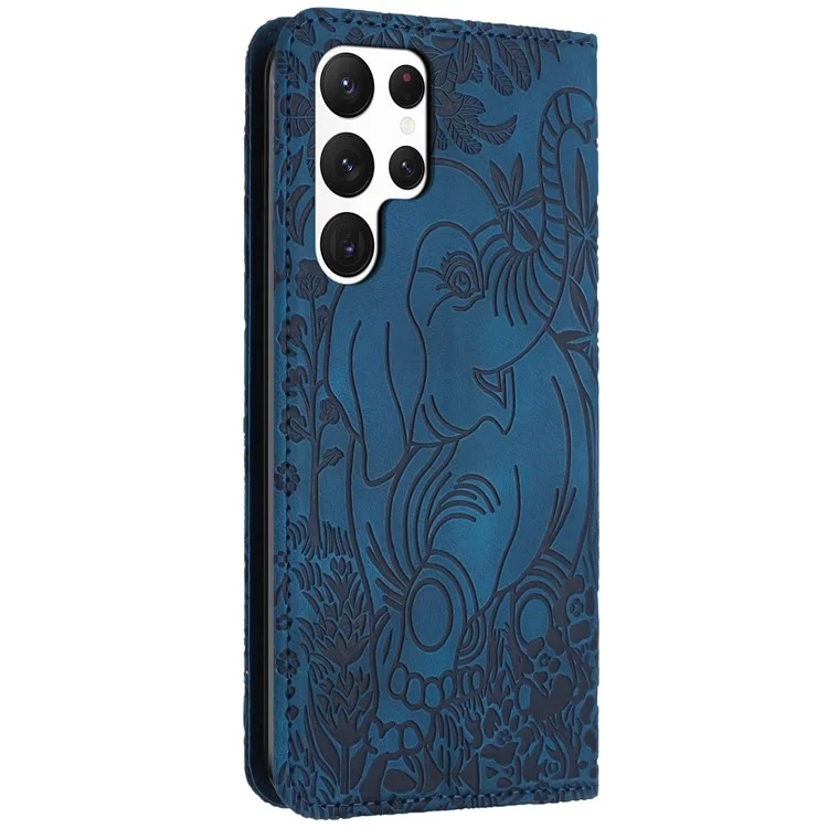 For Samsung Galaxy S25 Ultra Case PU Leather Wallet Phone Cover Elephant Pattern - Blue
