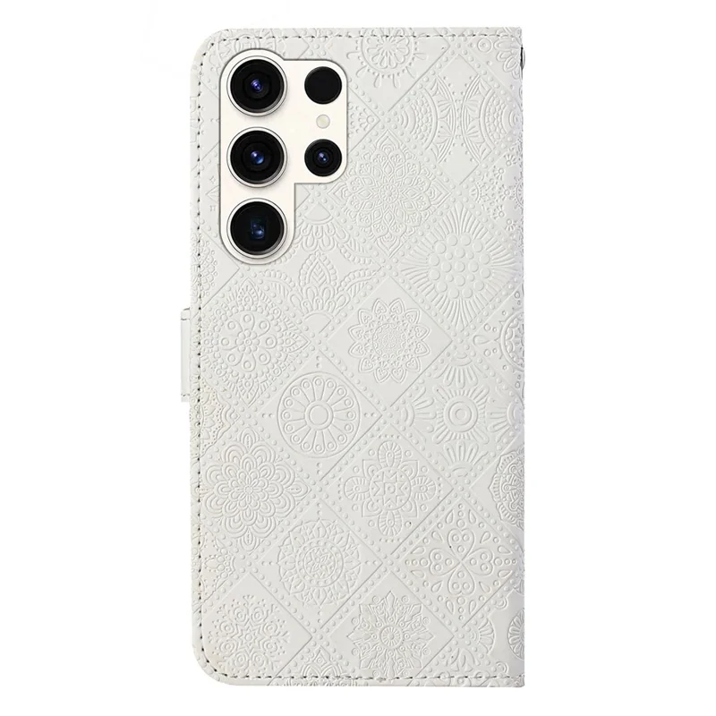 For Samsung Galaxy S25 Ultra Case Leather Case Ethnic Style Phone Wallet Cover with Strap - White