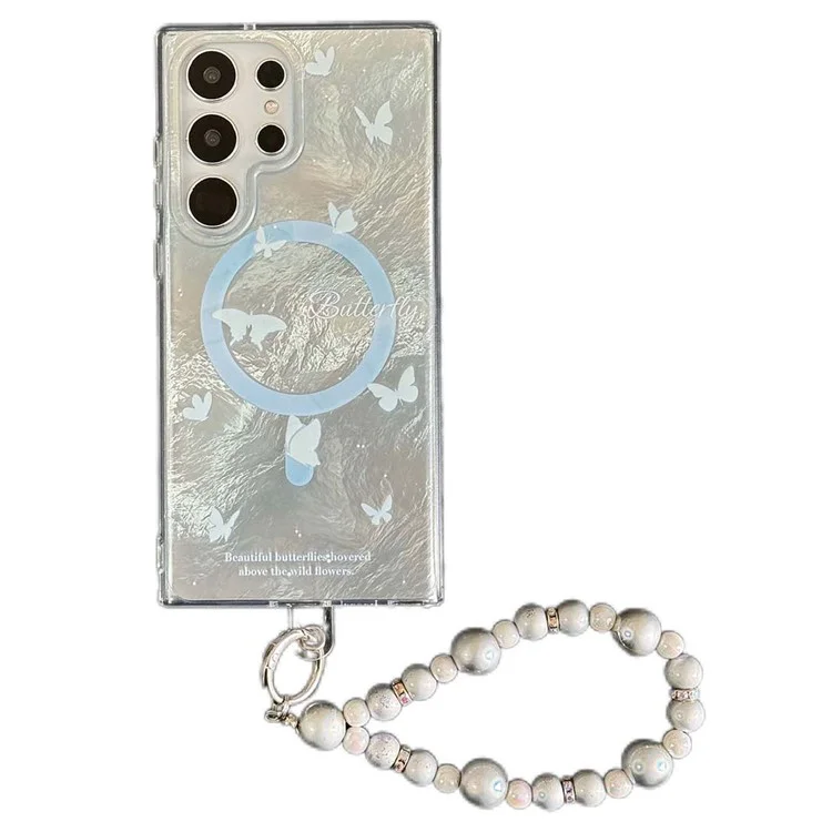 For Samsung Galaxy S24 Ultra Magnetic Case TPU+PC Butterfly Phone Cover with Beaded Strap