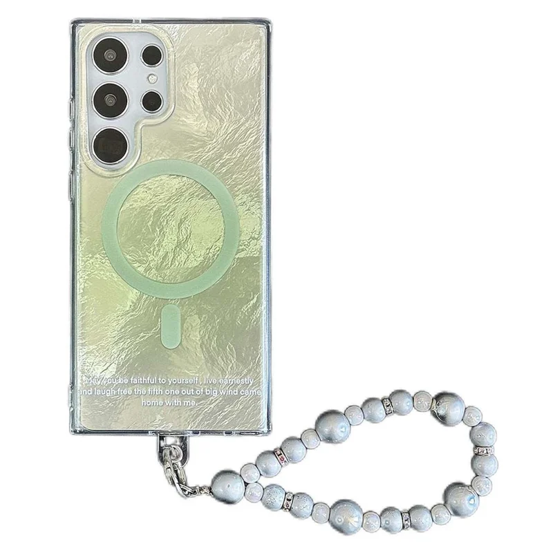 For Samsung Galaxy S24 Ultra Magnetic Case Gradient Tint TPU+PC Phone Cover with Beaded Strap - Green
