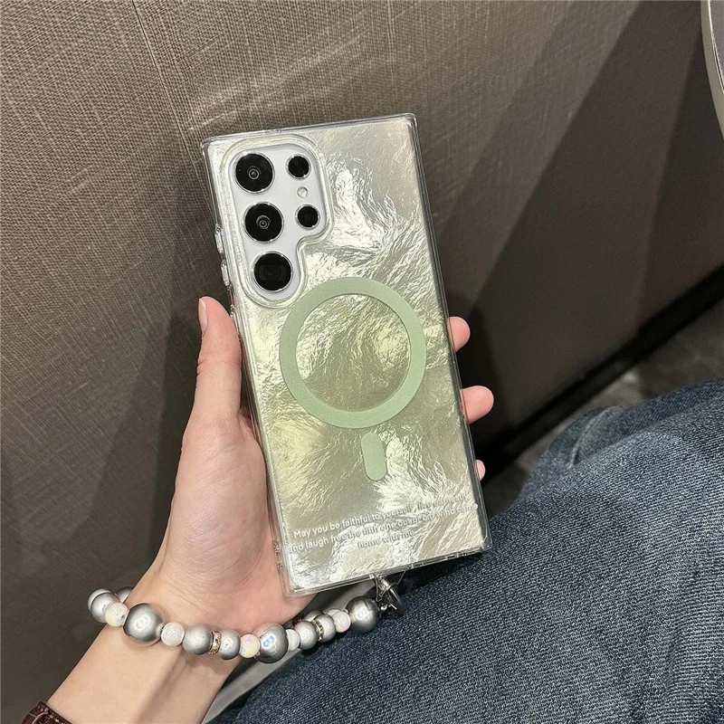 For Samsung Galaxy S24 Ultra Magnetic Case Gradient Tint TPU+PC Phone Cover with Beaded Strap - Green