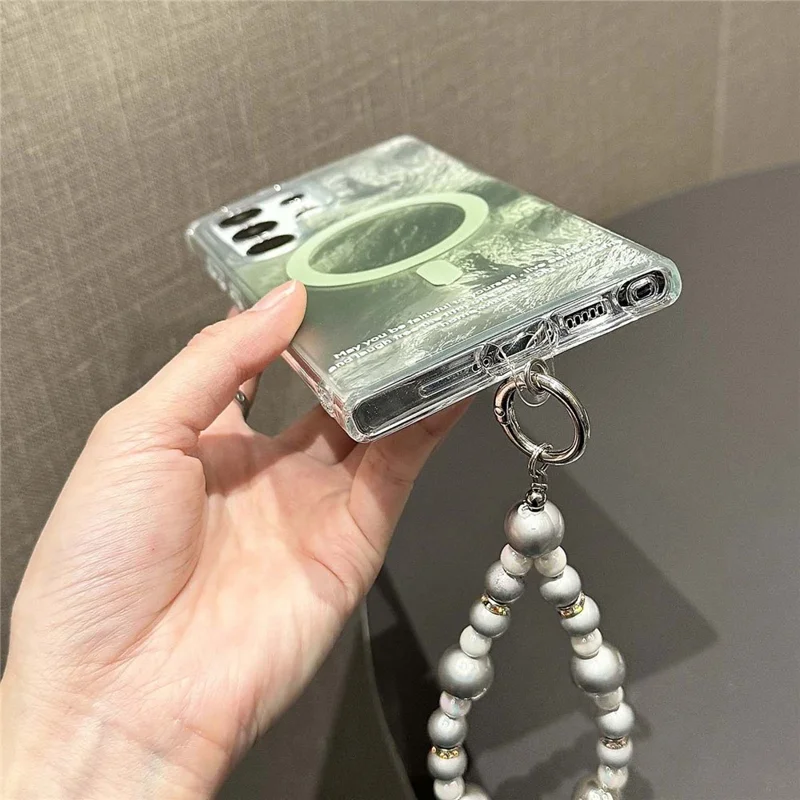 For Samsung Galaxy S24 Ultra Magnetic Case Gradient Tint TPU+PC Phone Cover with Beaded Strap - Green