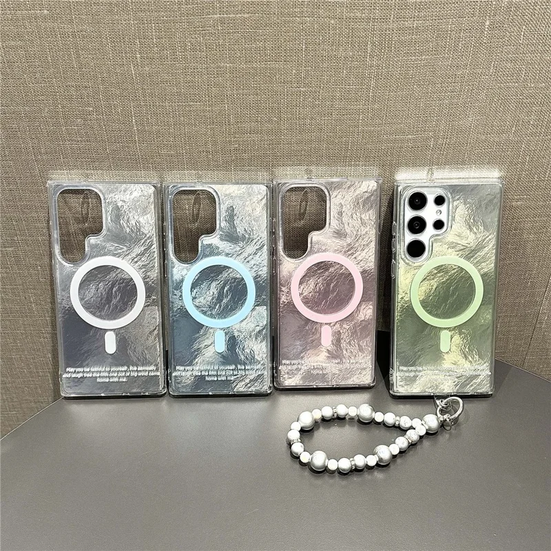 For Samsung Galaxy S24 Ultra Magnetic Case Gradient Tint TPU+PC Phone Cover with Beaded Strap - Green