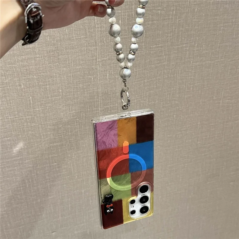 For Samsung Galaxy S24 Ultra Magnetic Case Geometry Pattern PC+TPU Phone Cover with Beads Hand Strap - Coloful Geometry Block